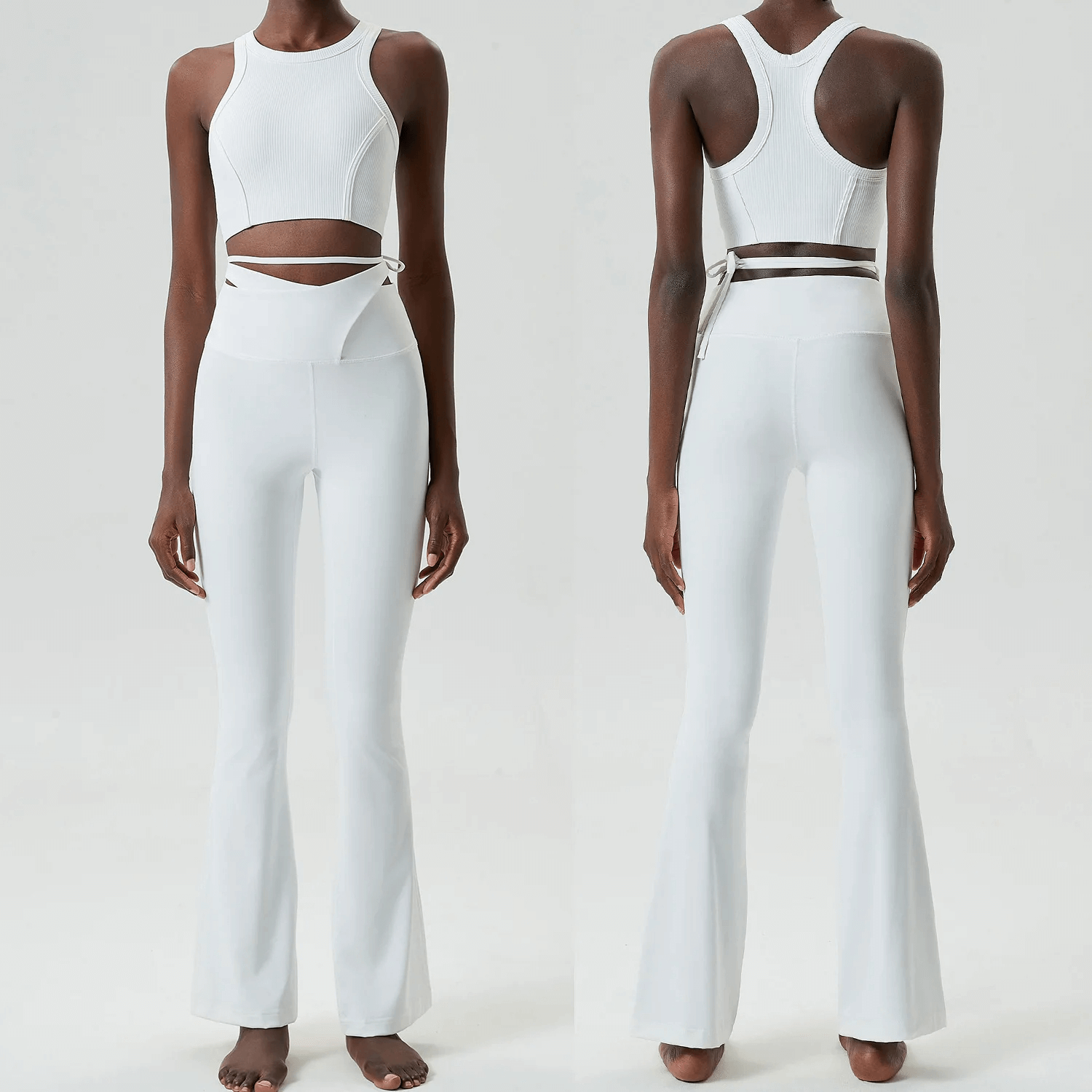 Woman modeling sleek white athletic yoga pants and top set, showcasing front and back views. Perfect for performance and style.