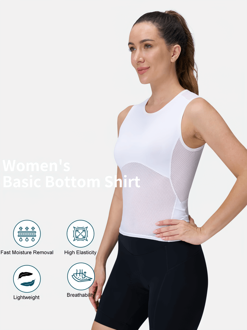 Women's sleeveless mesh cycling base layer top with breathable fabric and ergonomic design, showcasing moisture-wicking technology.