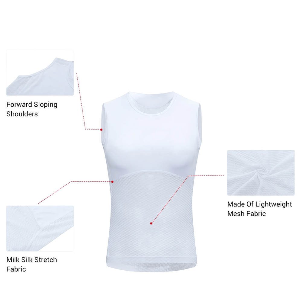 Women's Sleeveless Mesh Cycling Base Layer Top SF2573 with lightweight mesh, milk silk fabric, and ergonomic fit for active comfort.