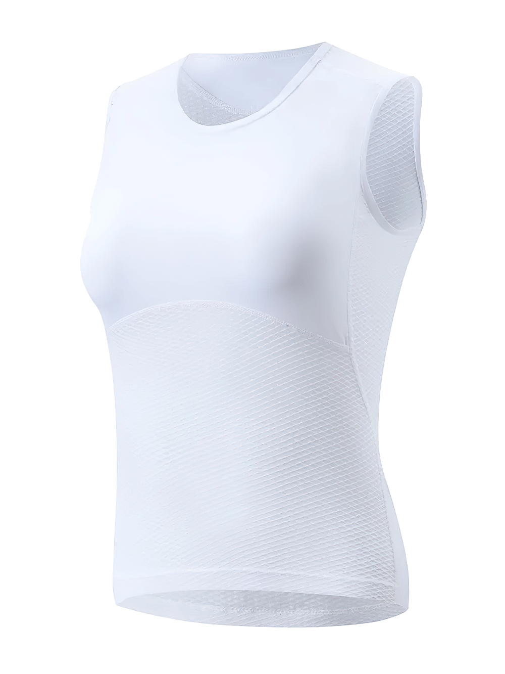 Women's sleeveless white mesh cycling base layer top SF2573, breathable and ergonomic for cycling and sports activities.