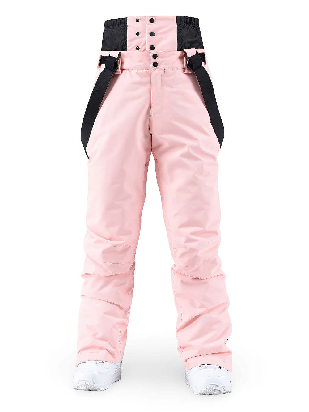 Women's Snowboard Pants with Waist Guard Straps - SF4263 in pink with high waistband and adjustable straps, front view.