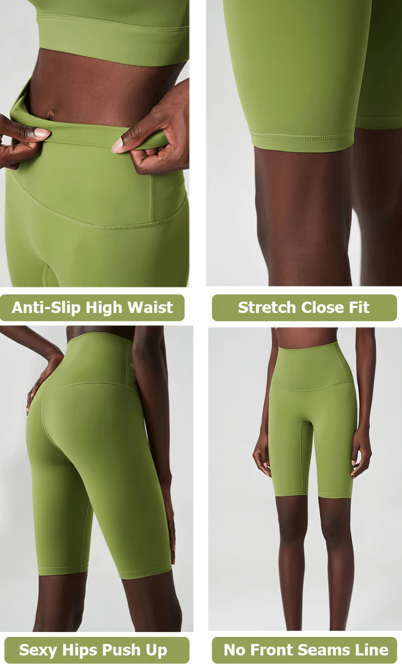 Green solid color yoga set showcasing anti-slip high waist, stretch close fit, sexy hips push up, and no front seams line.