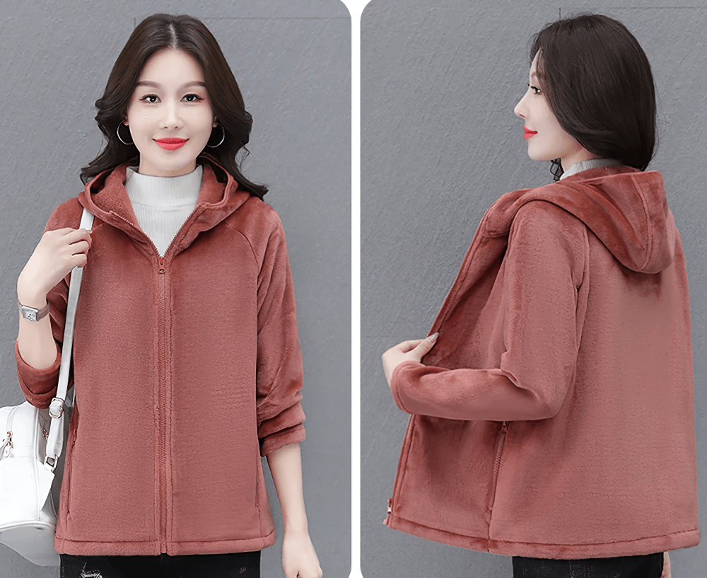 Woman wearing Women's Sports Hooded Fleece Jacket for Outdoor - SF4104 in a cozy and stylish design, front and back view.
