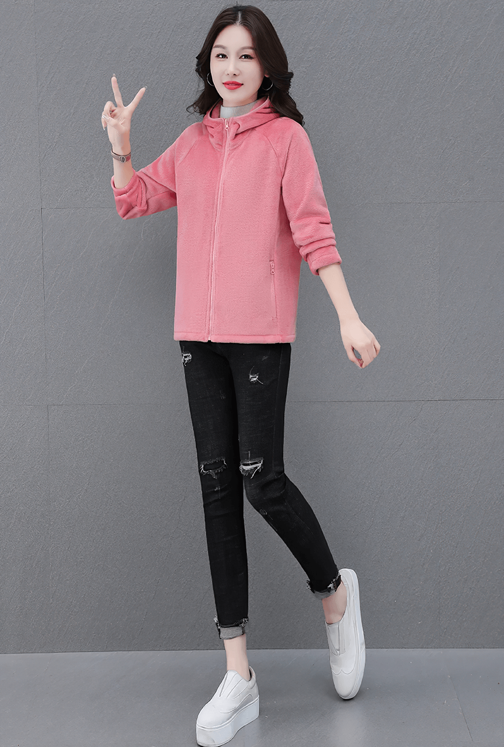 Women's Sports Hooded Fleece Jacket for Outdoor - SF4104 in pink, perfect for warmth and style, featuring a turn-down collar and wide-waisted design.