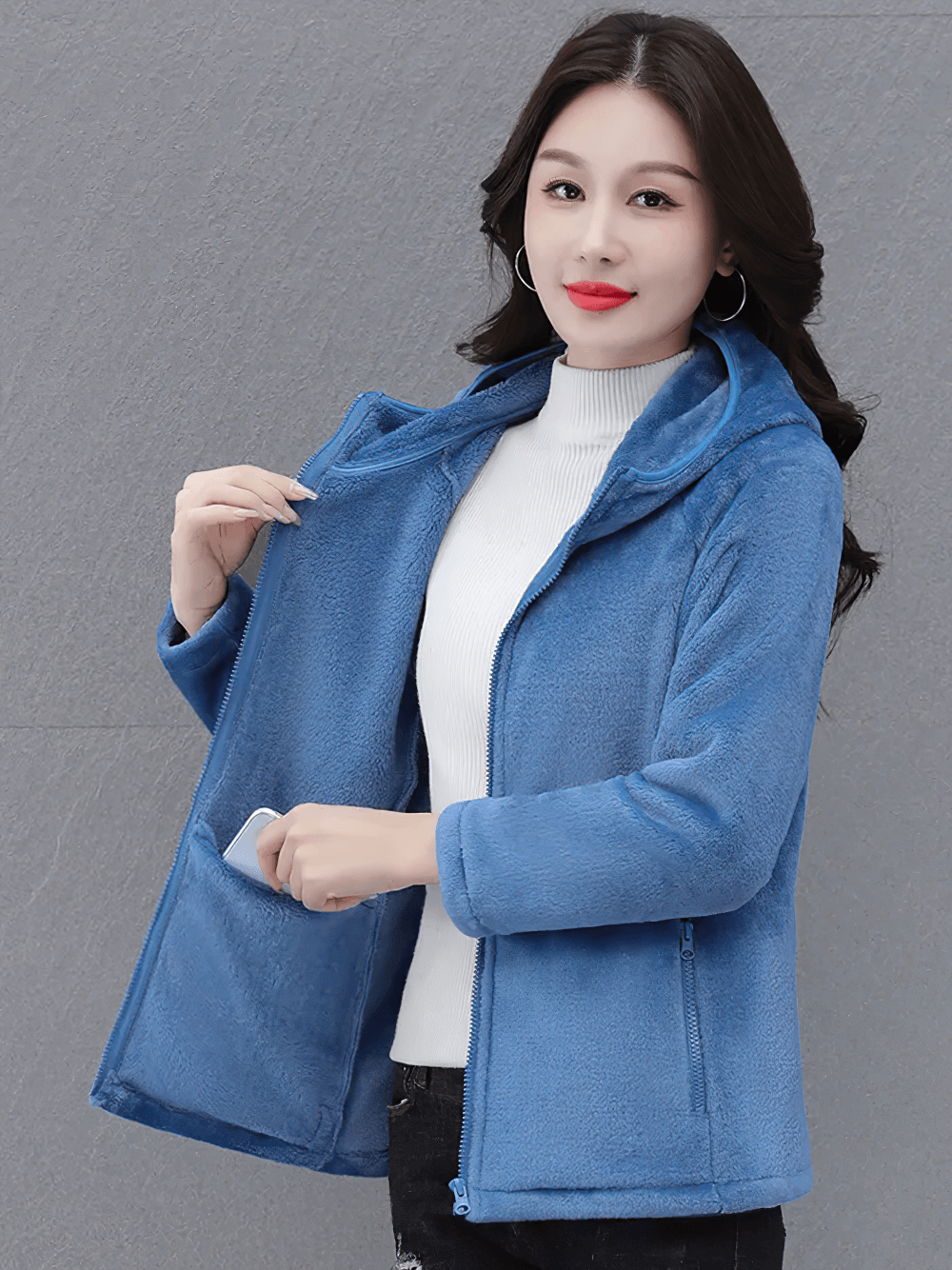 Woman wearing Women's Sports Hooded Fleece Jacket for Outdoor - SF4104 in blue.