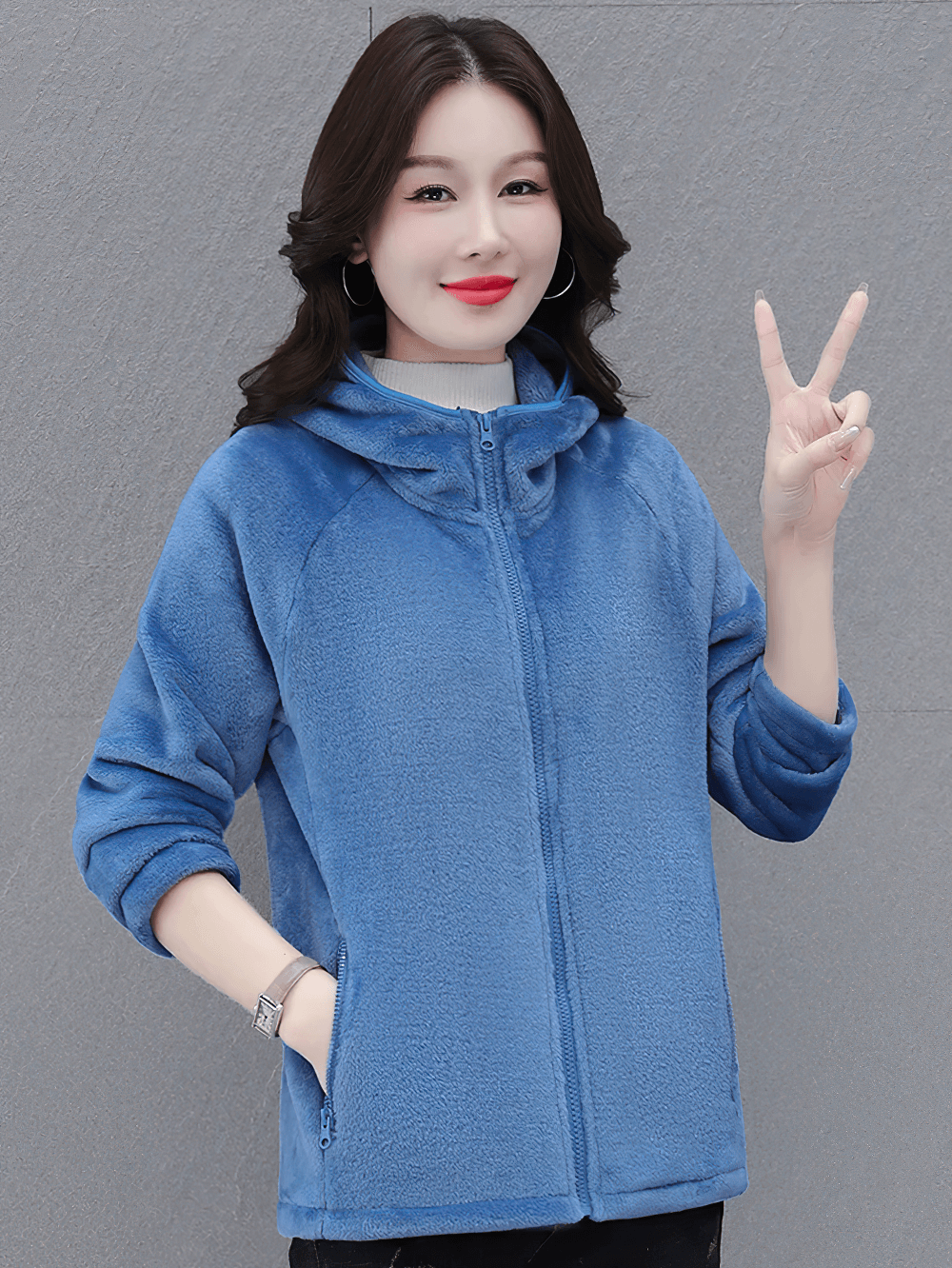 Women's Sports Hooded Fleece Jacket for Outdoor - SF4104 in blue, showcasing cozy design and stylish look.