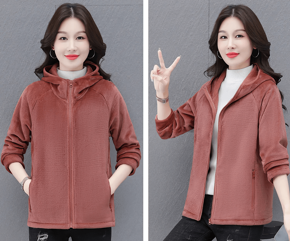 Woman modeling Women's Sports Hooded Fleece Jacket for Outdoor - SF4104 in cozy and stylish design, front and side views.