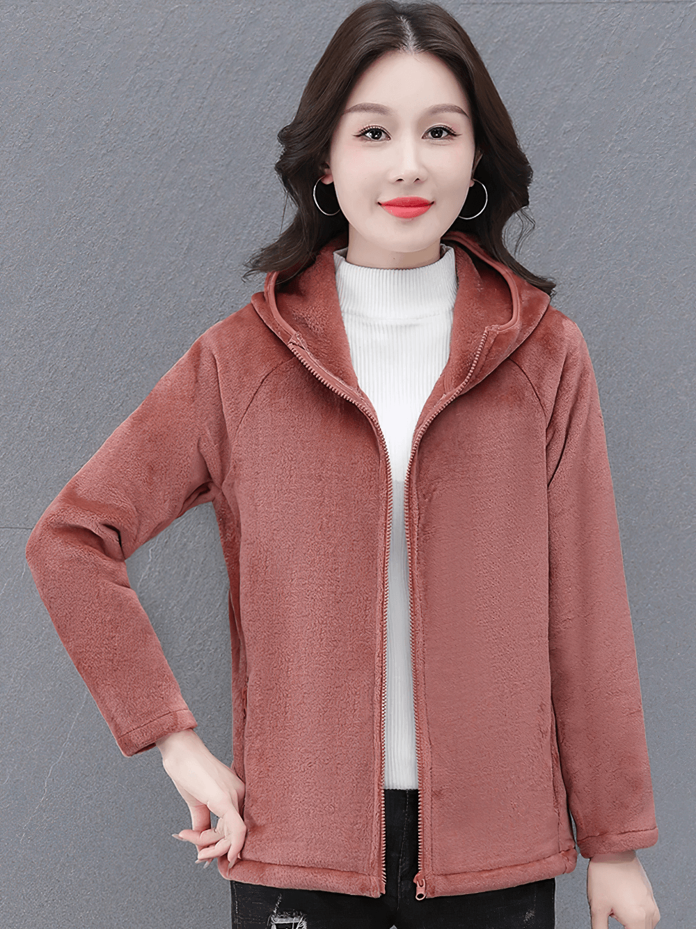 Woman wearing Women's Sports Hooded Fleece Jacket for Outdoor - SF4104, showcasing warm and stylish design with a cozy hood.
