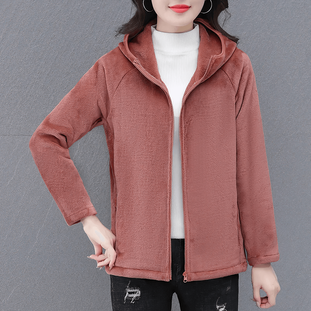 Woman wearing Women's Sports Hooded Fleece Jacket for Outdoor - SF4104 in pink, showcasing stylish winter attire.