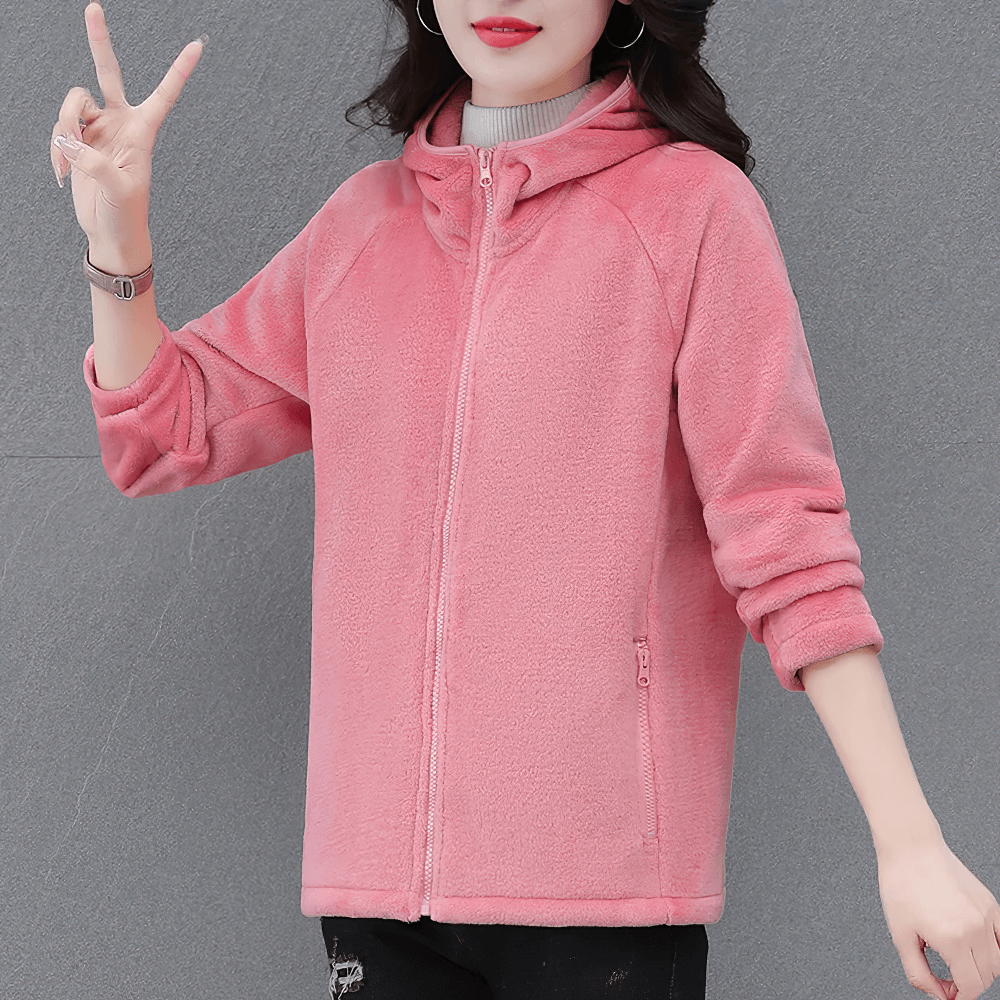 Cozy Women's Sports Hooded Fleece Jacket for Outdoor - SF4104 in pink, ideal for winter and stylish outings, featuring a turn-down collar.