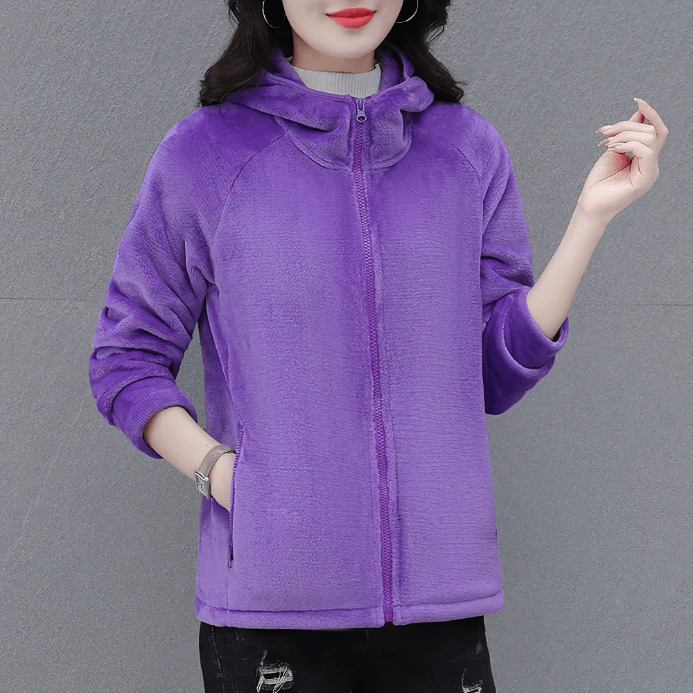 Woman wearing a vibrant purple Women's Sports Hooded Fleece Jacket for Outdoor - SF4104, ideal for winter and outdoor activities.