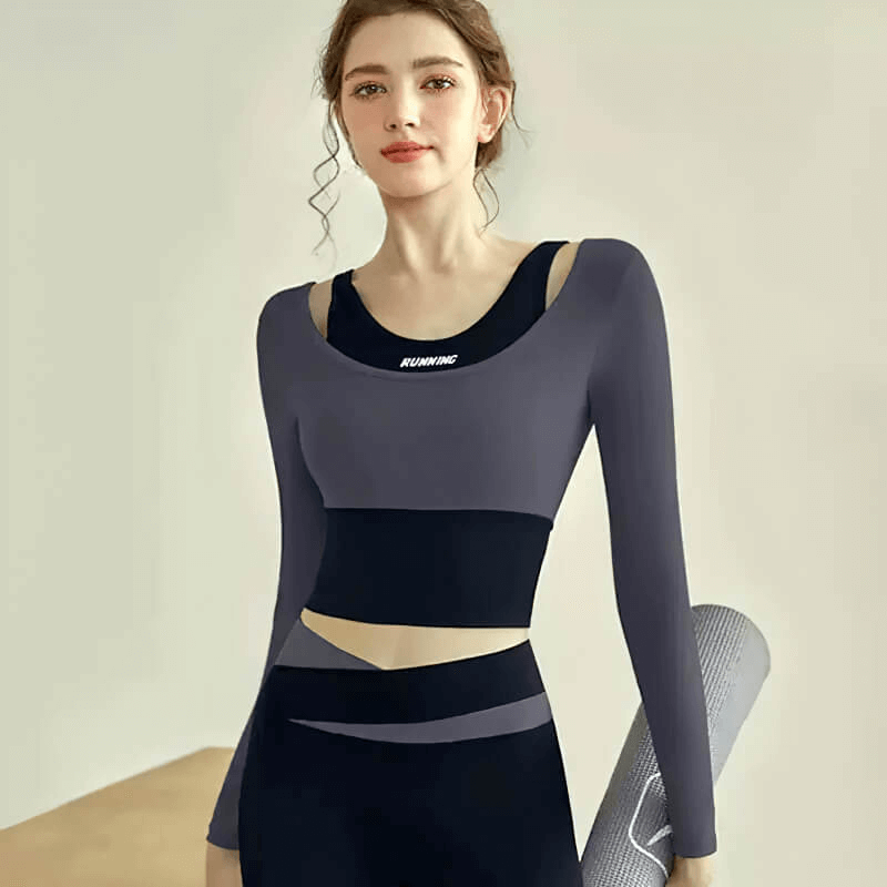 Women's sports long sleeves crop top for fitness training in gray with yoga mat, ideal for active wear - SF0094.