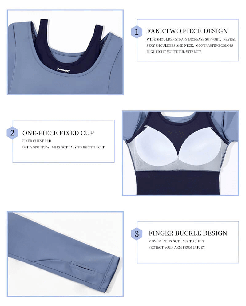 Women's sports long sleeves crop top design features: two-piece look, one-piece cup, finger buckle; ideal for fitness training.