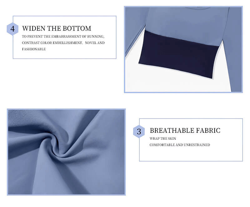 Close-up of blue women's sports crop top highlighting the widened bottom hem and breathable fabric for active comfort in fitness training.