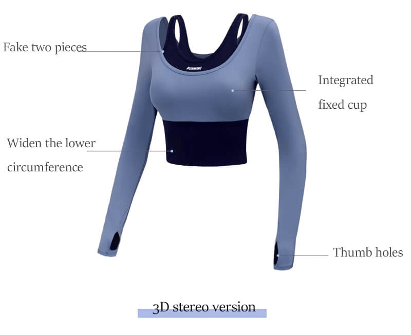 Women's sports long sleeves crop top for fitness, featuring fake two-piece design, integrated fixed cup, thumb holes, in light blue.