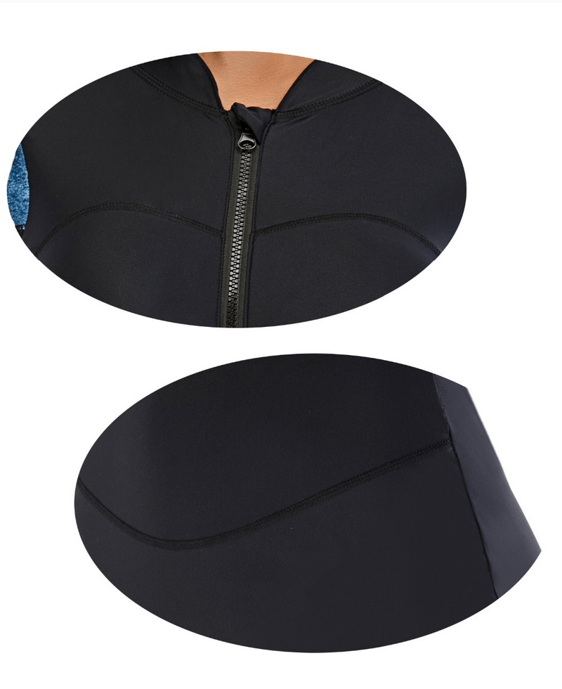 Close-up of women's sports one-piece swimsuit rash guard with zipper, featuring a seamless design for comfort and style.