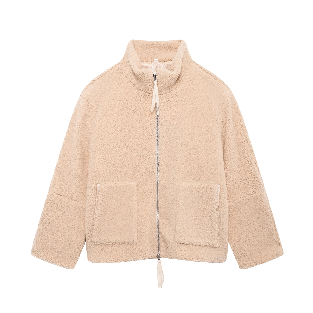 Women's Sports Solid Color Fleece Jacket - SF4093, turtleneck design, beige color, full zipper, soft polyester, practical pockets, cozy look.