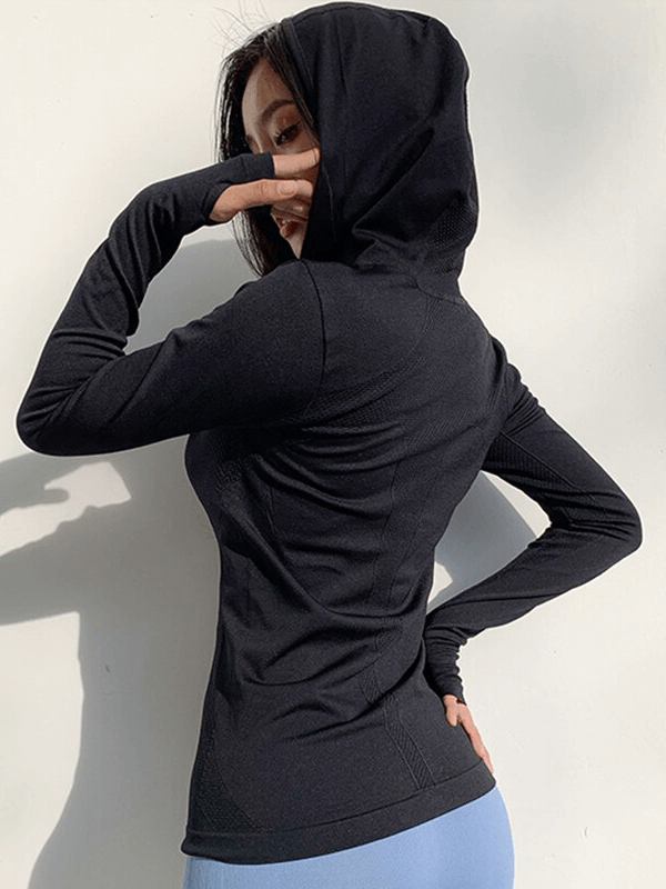 Damen Sport-Kapuzenpullover mit Reißverschluss und Daumenloch / schnell trocknende Yoga-Kleidung – SF1346 