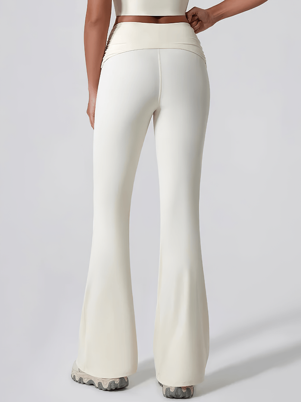 Alt Tag: Women's Sporty Cross Waist Flare Yoga Pants - SF4473 back view in cream, high-waist crossover waistband, full-length flared leg
