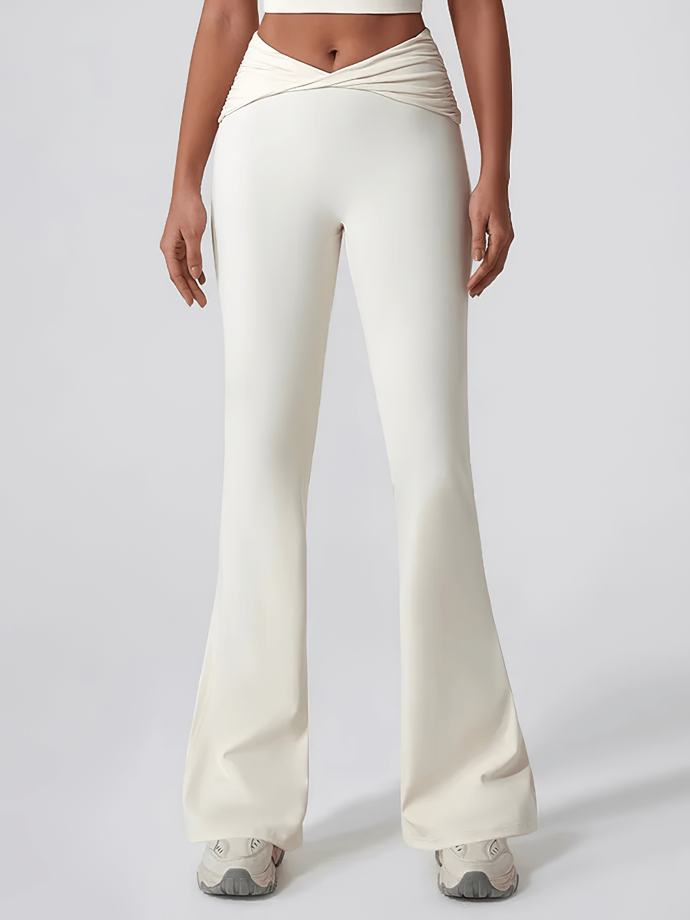 Alt Tag: Women's Sporty Cross Waist Flare Yoga Pants - SF4473 in cream with crossover high waist and flared legs, full-length activewear