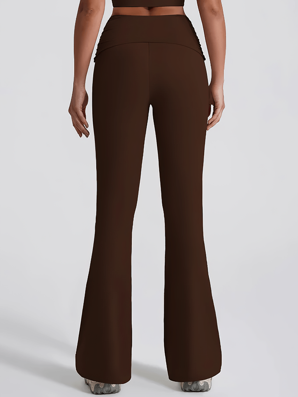 Alt Tag: Women's Sporty Cross Waist Flare Yoga Pants - SF4473 back view, high-waist crossover waistband, full-length brown flare leggings