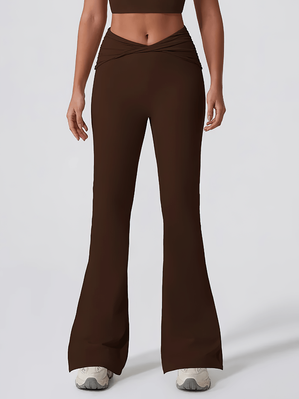 Alt Tag: Women's Sporty Cross Waist Flare Yoga Pants - SF4473 in dark brown with crossover high waist and full-length flared legs