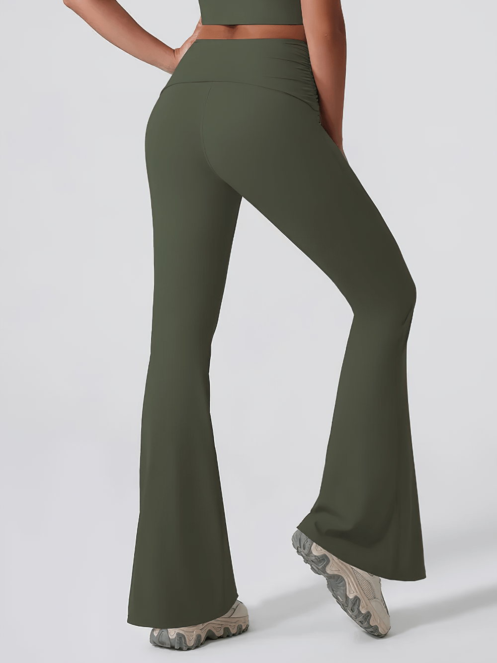 Alt Tag: Women's Sporty Cross Waist Flare Yoga Pants - SF4473 olive green high-waist crossover flare leggings full-length activewear