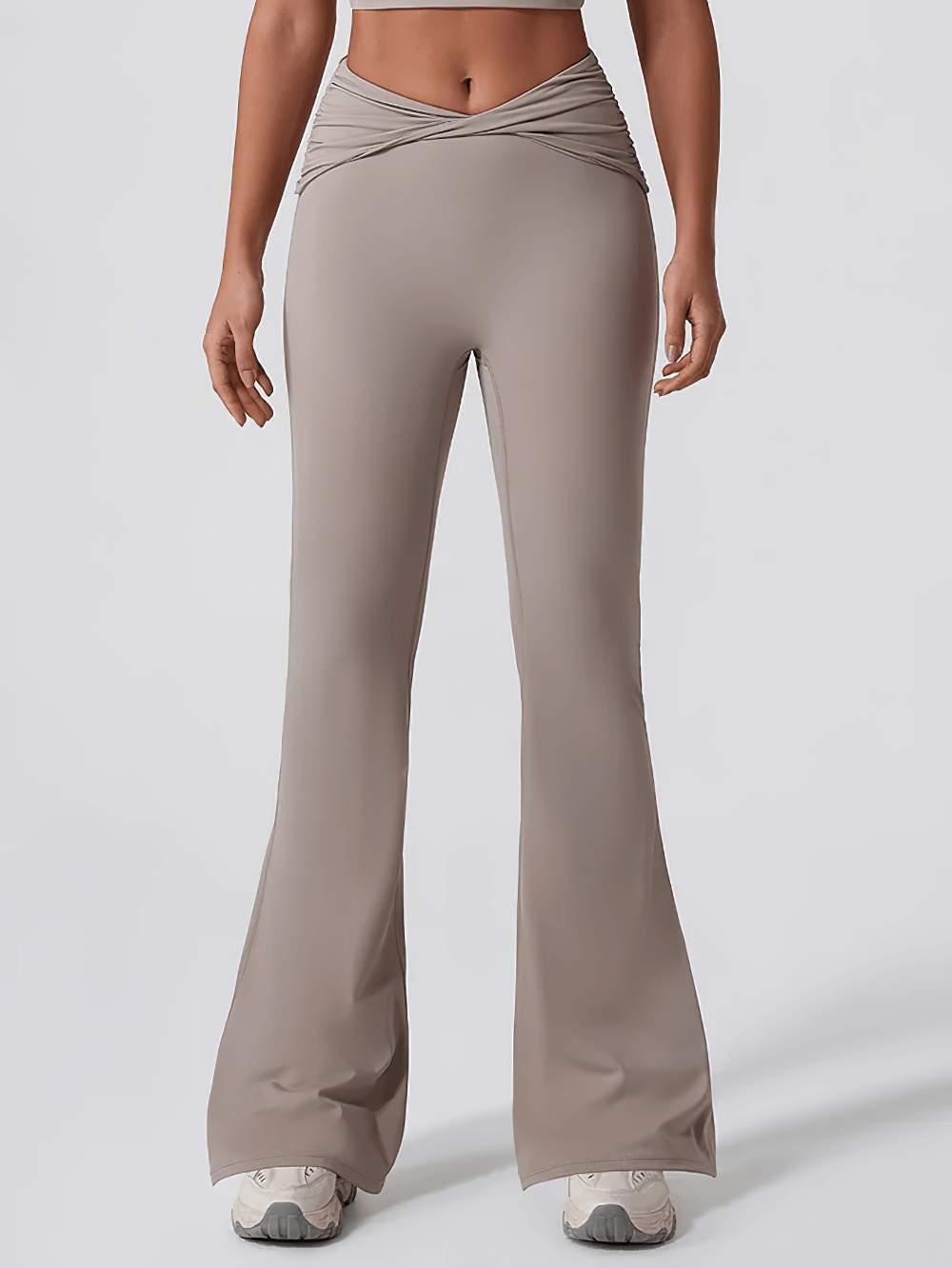 Alt Tag: Women's Sporty Cross Waist Flare Yoga Pants - SF4473 taupe high-waist crossover flare leggings, full-length studio-ready fit
