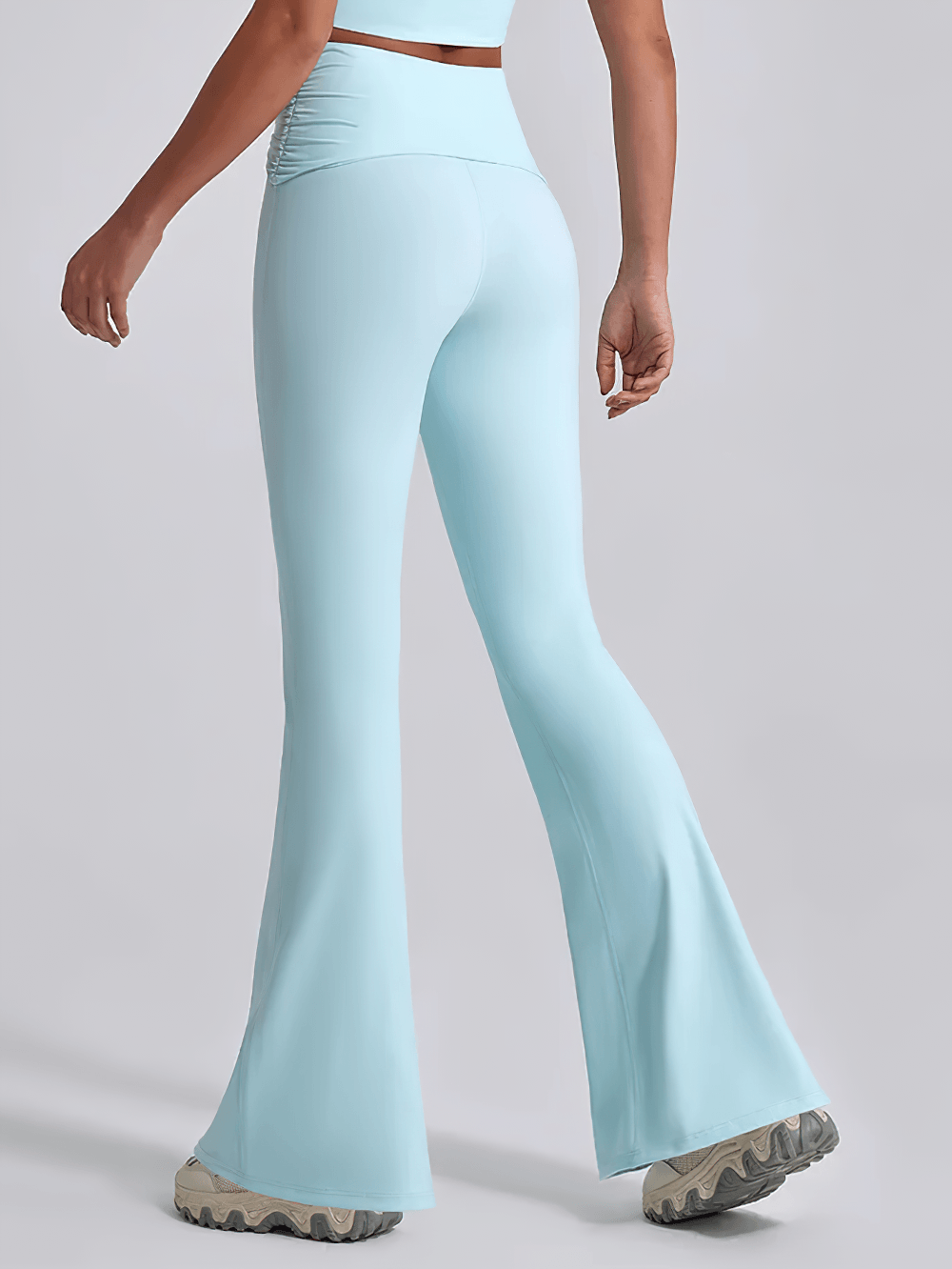 Alt Tag: Women's Sporty Cross Waist Flare Yoga Pants - SF4473 in light blue, back view, high-waist crossover band, full-length flared legs