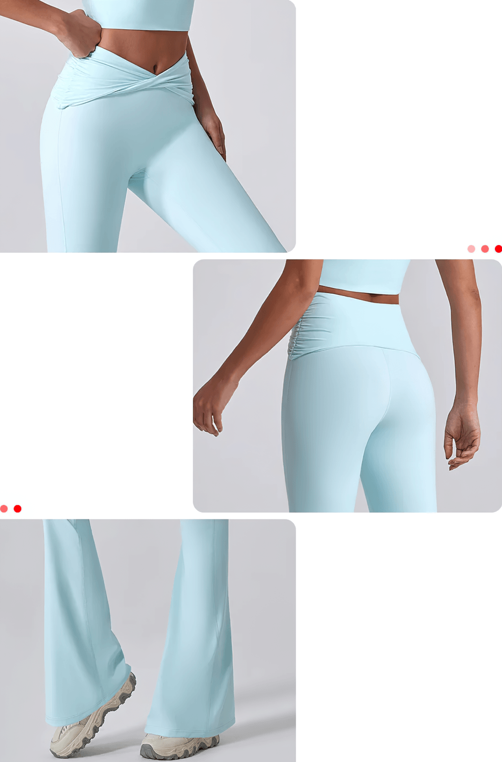 Alt Tag: Women's Sporty Cross Waist Flare Yoga Pants - SF4473 in light blue, high-waist crossover waistband, full-length flared legs front and back view
