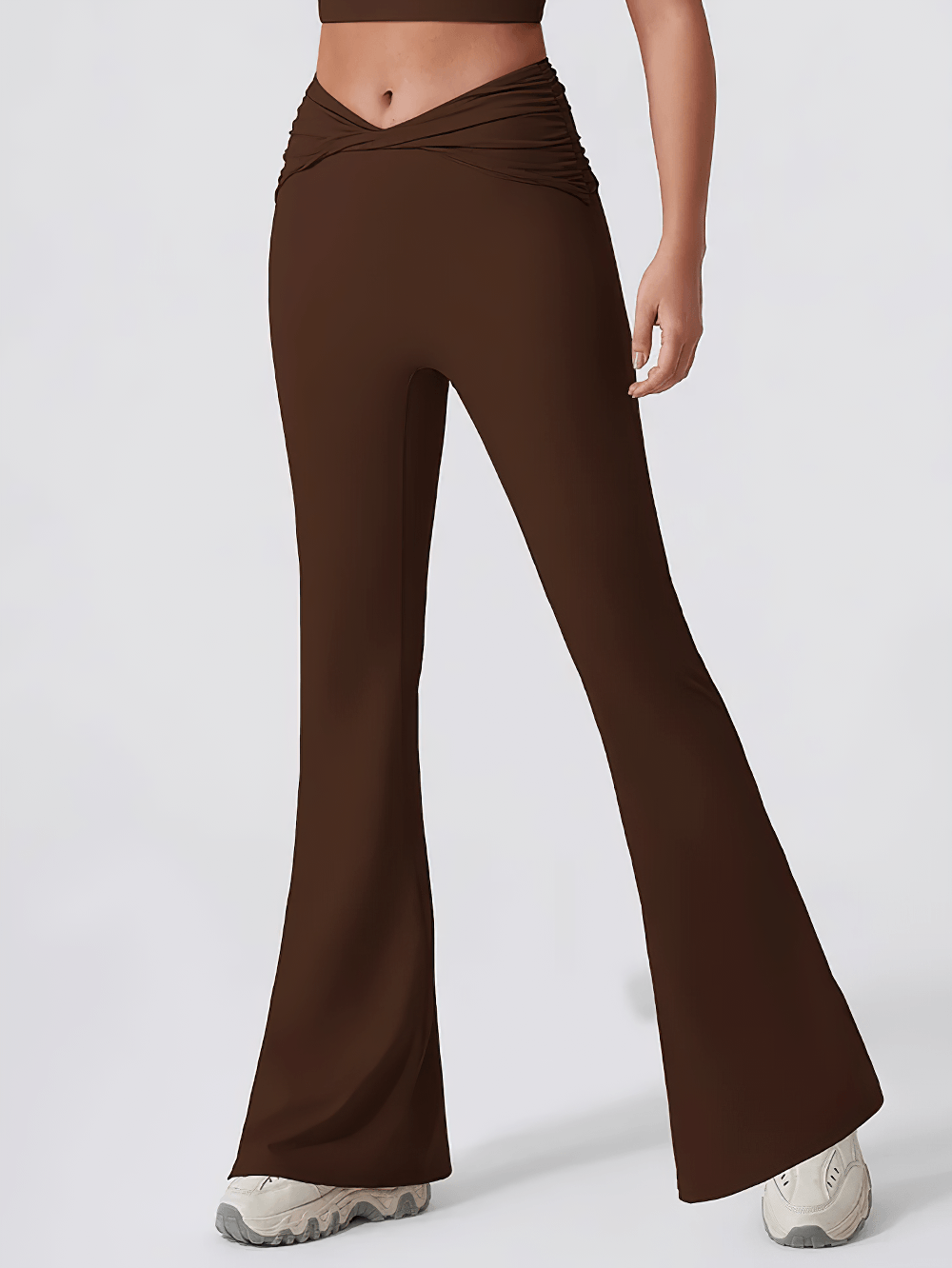 Alt Tag: Women's Sporty Cross Waist Flare Yoga Pants - SF4473 brown high-waist crossover waistband full-length flare leggings