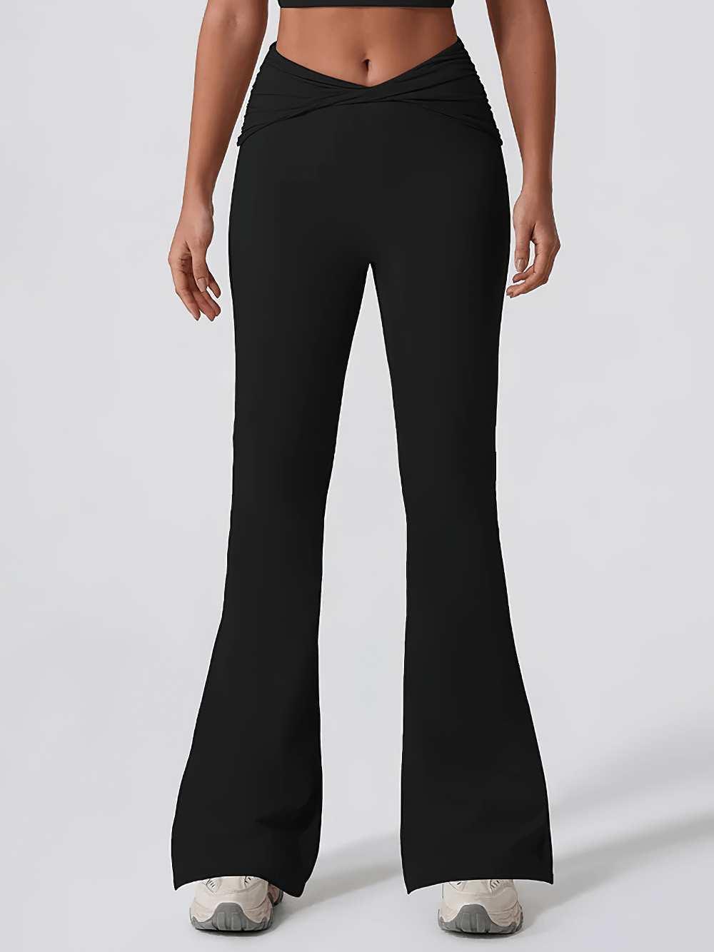 Alt Tag: Women's Sporty Cross Waist Flare Yoga Pants - SF4473 black high-waist crossover waistband full-length flare leggings front view