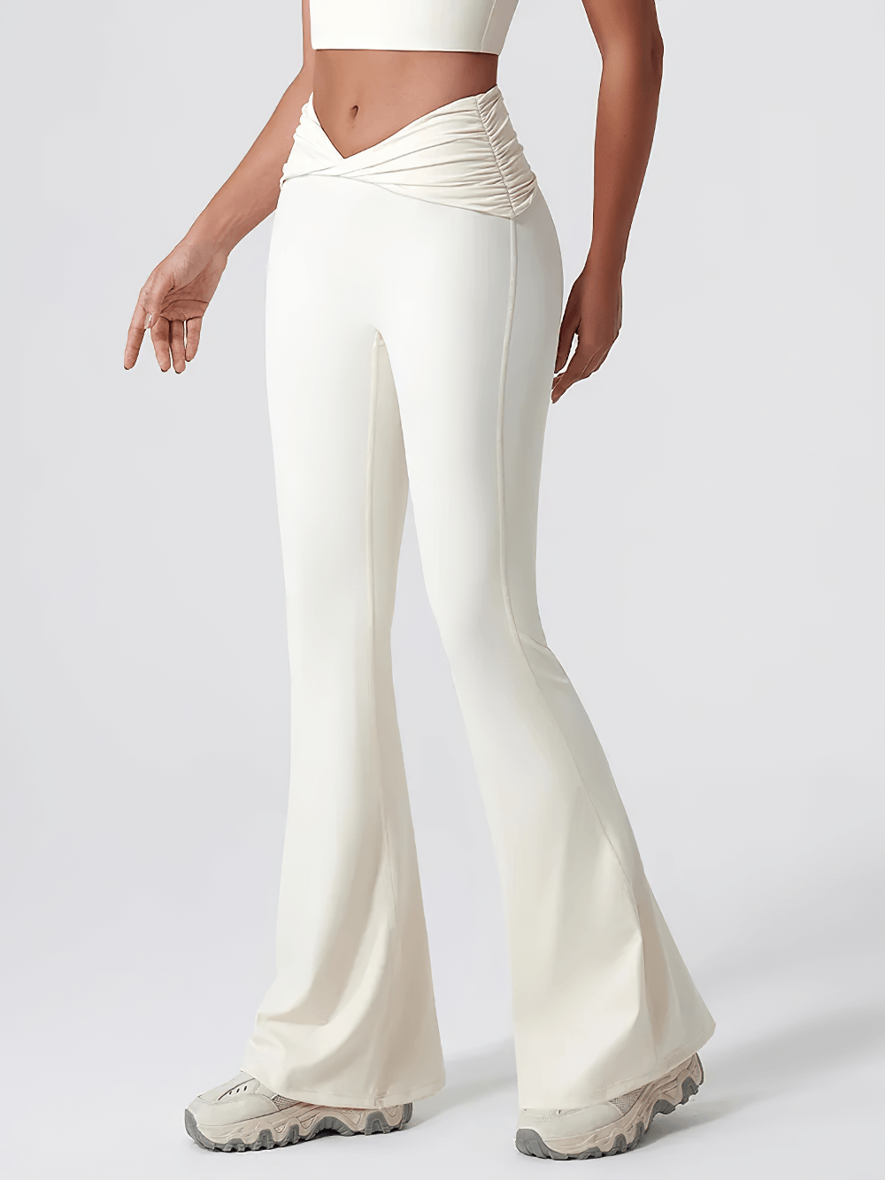 Alt Tag: Women's Sporty Cross Waist Flare Yoga Pants - SF4473 in cream, high-waist crossover waistband, full-length flared legs