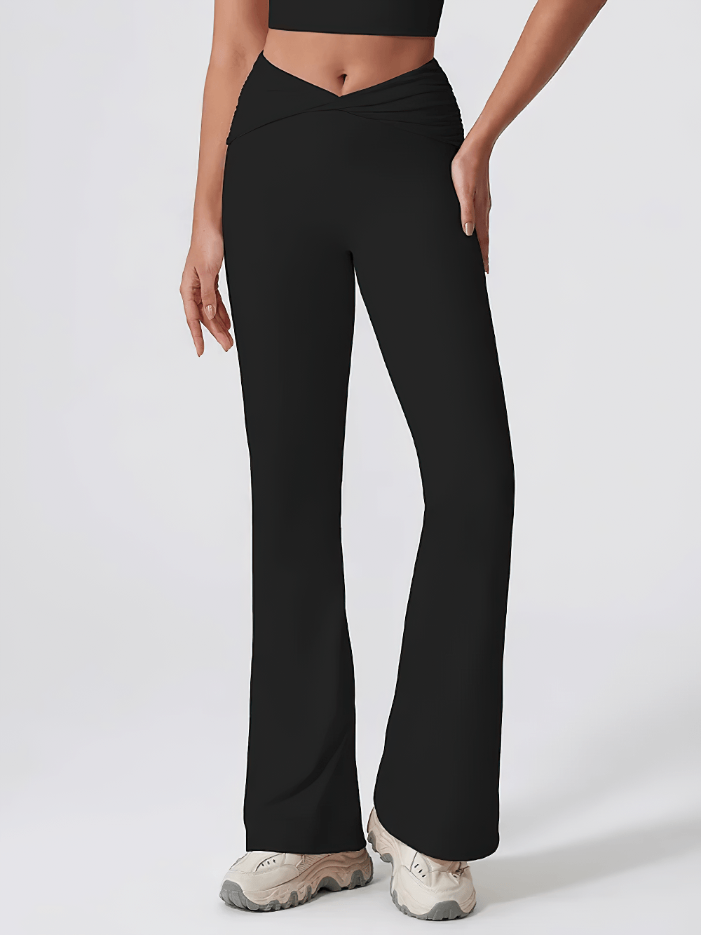 Alt Tag: Women's Sporty Cross Waist Flare Yoga Pants - SF4473 in black with crossover high waist and full-length flared legs