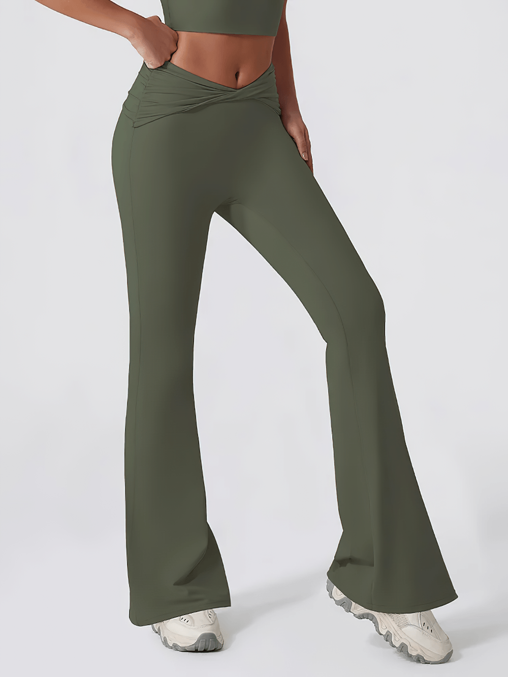 Alt Tag: Women's Sporty Cross Waist Flare Yoga Pants - SF4473 in olive green with crossover high waist and flared legs