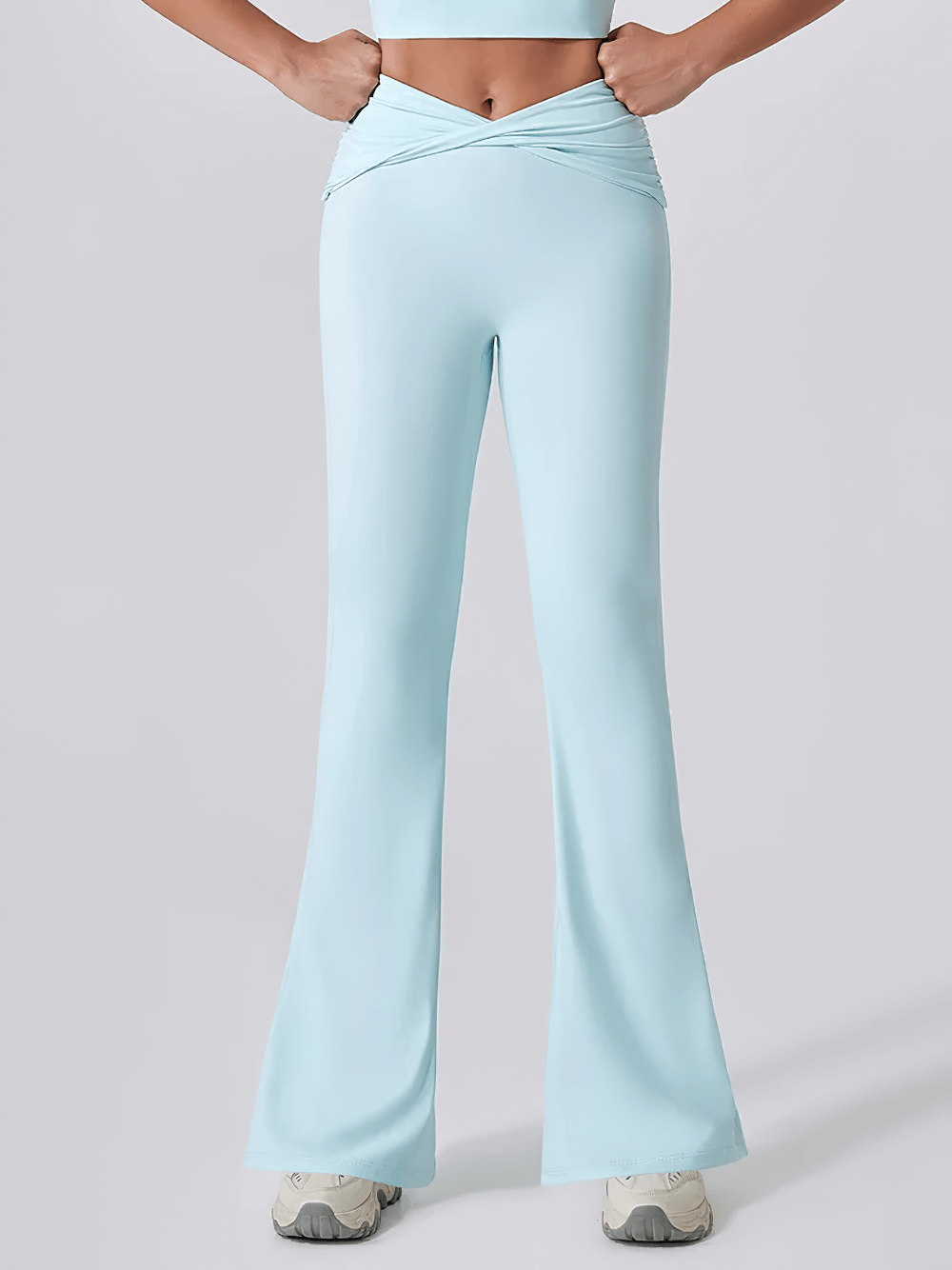 Alt Tag: Women's Sporty Cross Waist Flare Yoga Pants - SF4473 in light blue with crossover high waist and full-length flared legs