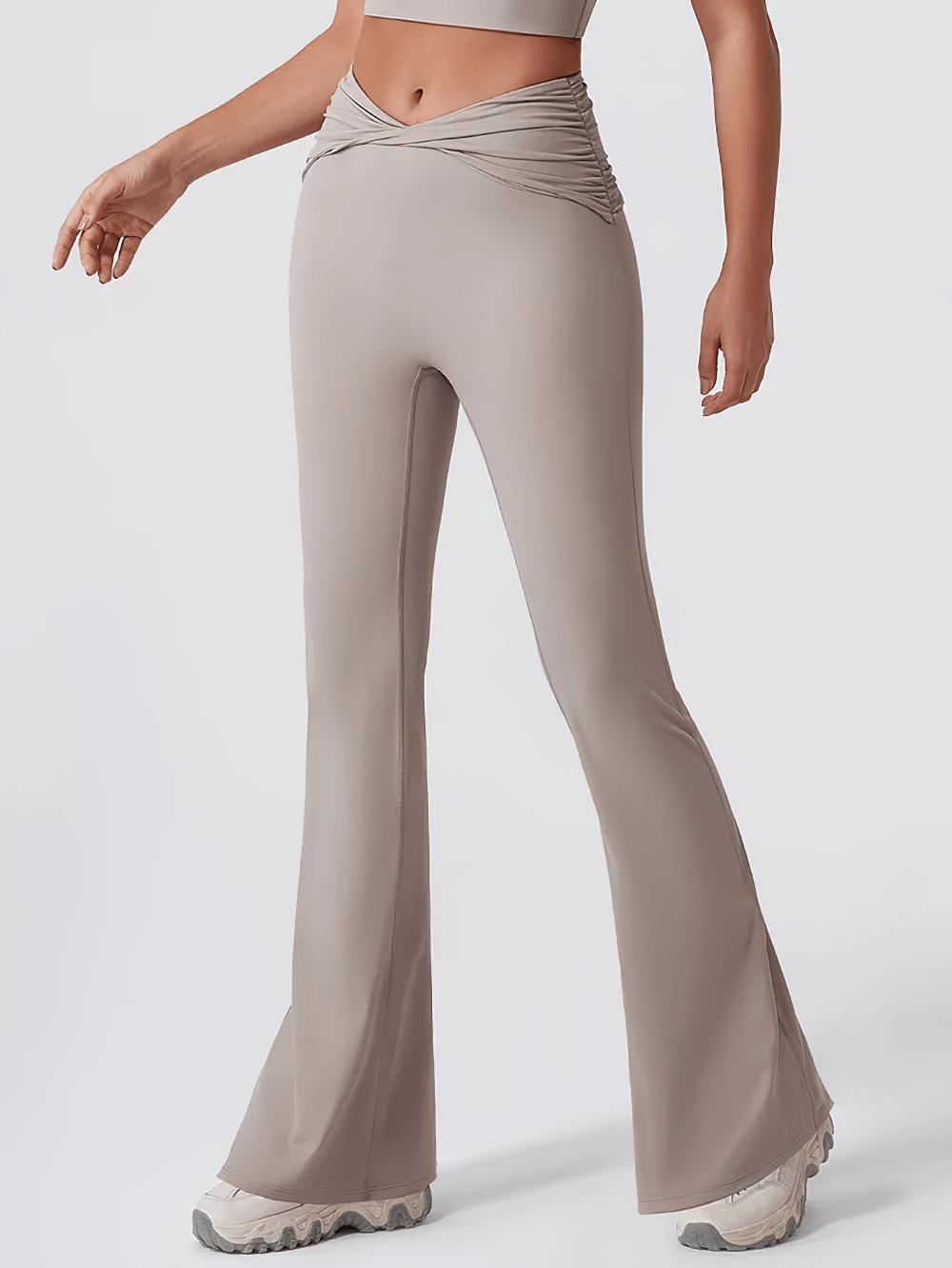 Alt Tag: Women's Sporty Cross Waist Flare Yoga Pants - SF4473 in taupe with crossover high waist and full-length flared legs