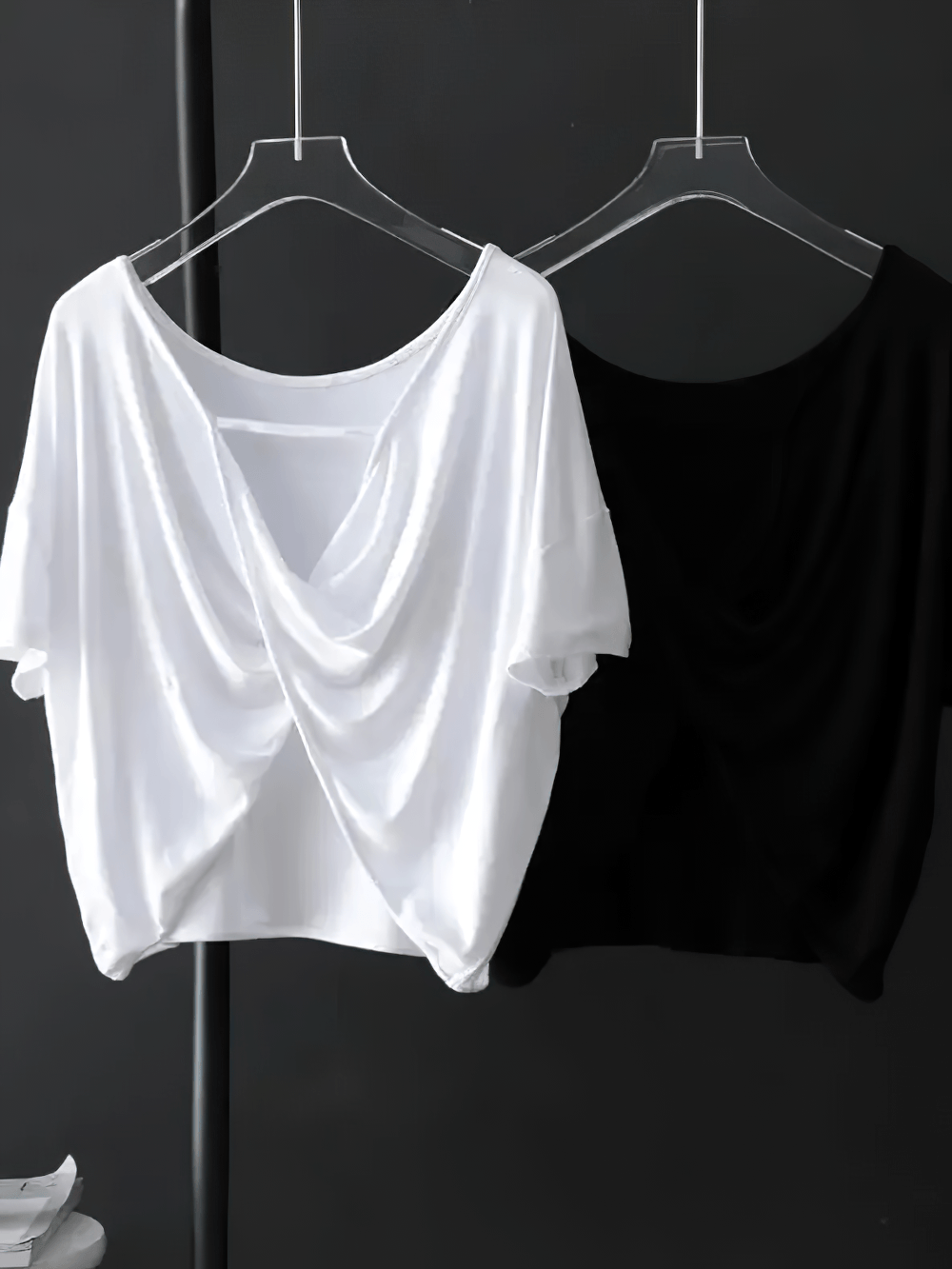 Alt Tag: Women's Sporty O-Neck Loose Asymmetrical T-Shirt - SF4454 draped loose short sleeve O-neck top on hanger (white & black)