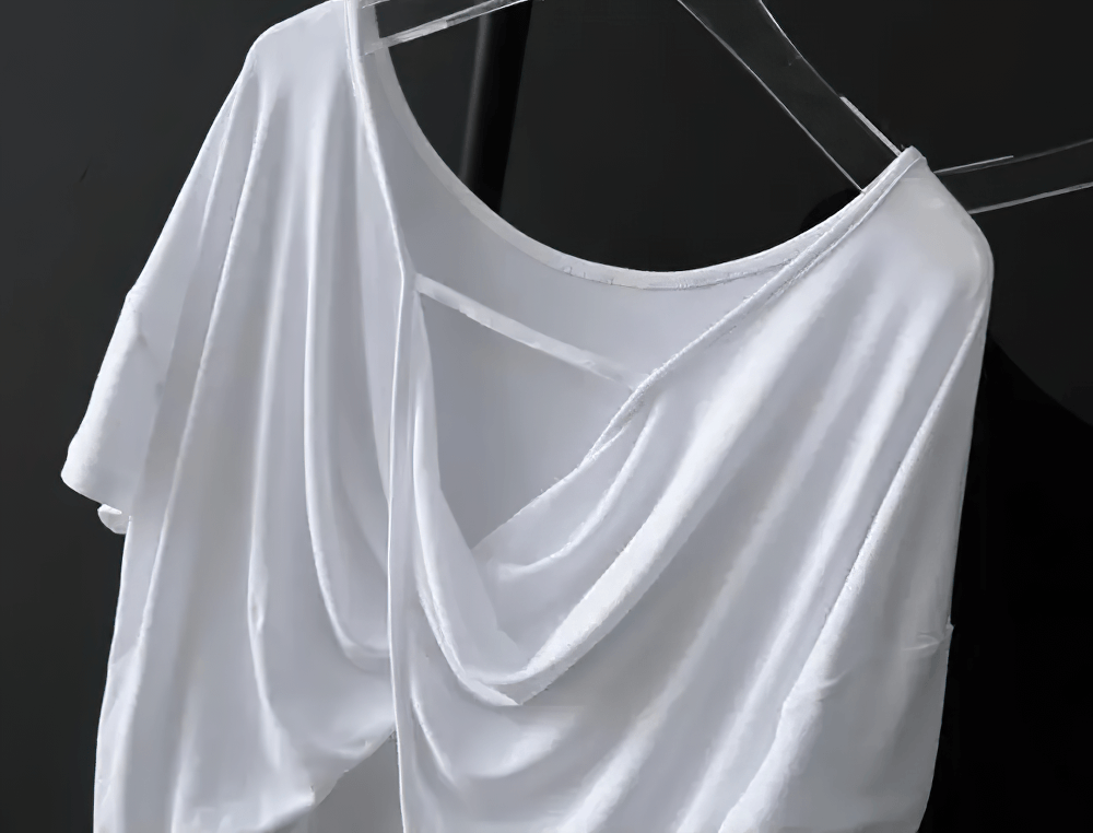 Alt Tag: Women's Sporty O-Neck Loose Asymmetrical T-Shirt - SF4454 white draped O-neck short sleeve loose fit top on hanger