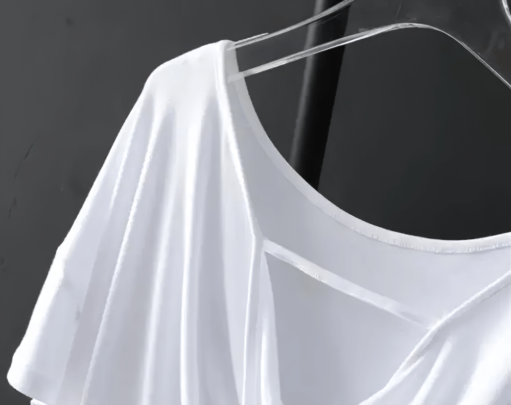 Alt Tag: Women's Sporty O-Neck Loose Asymmetrical T-Shirt - SF4454 white draped O-neck short sleeve loose fit top on hanger