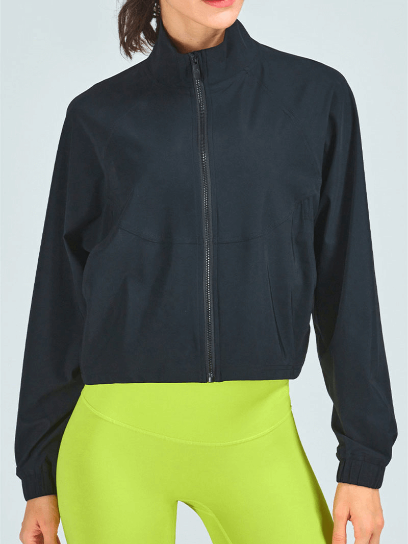 Women's stand collar zipper loose short jacket, casual sports clothing, breathable nylon spandex fabric, ideal for everyday wear.