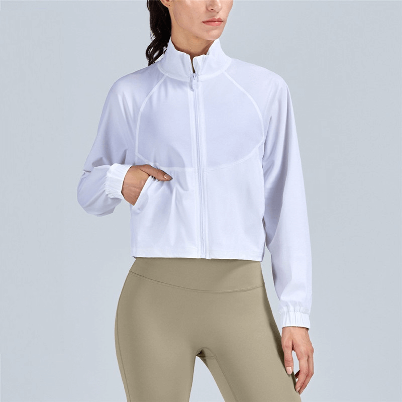 Women's white stand collar zipper short jacket for casual sports.