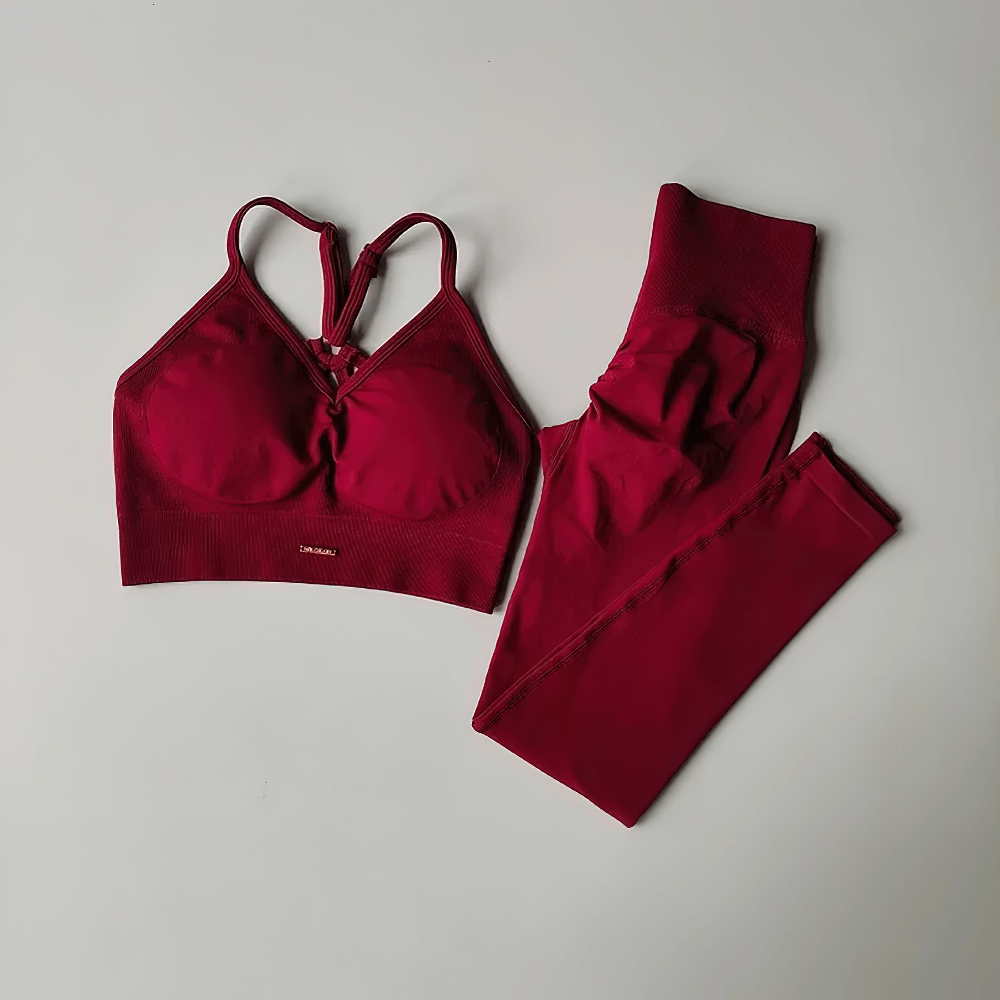 Alt Tag: Women's Strappy Back Yoga Set and Sculpt Leggings - SF4315 shockproof strappy sports bra and high-waist sculpt leggings set, burgundy