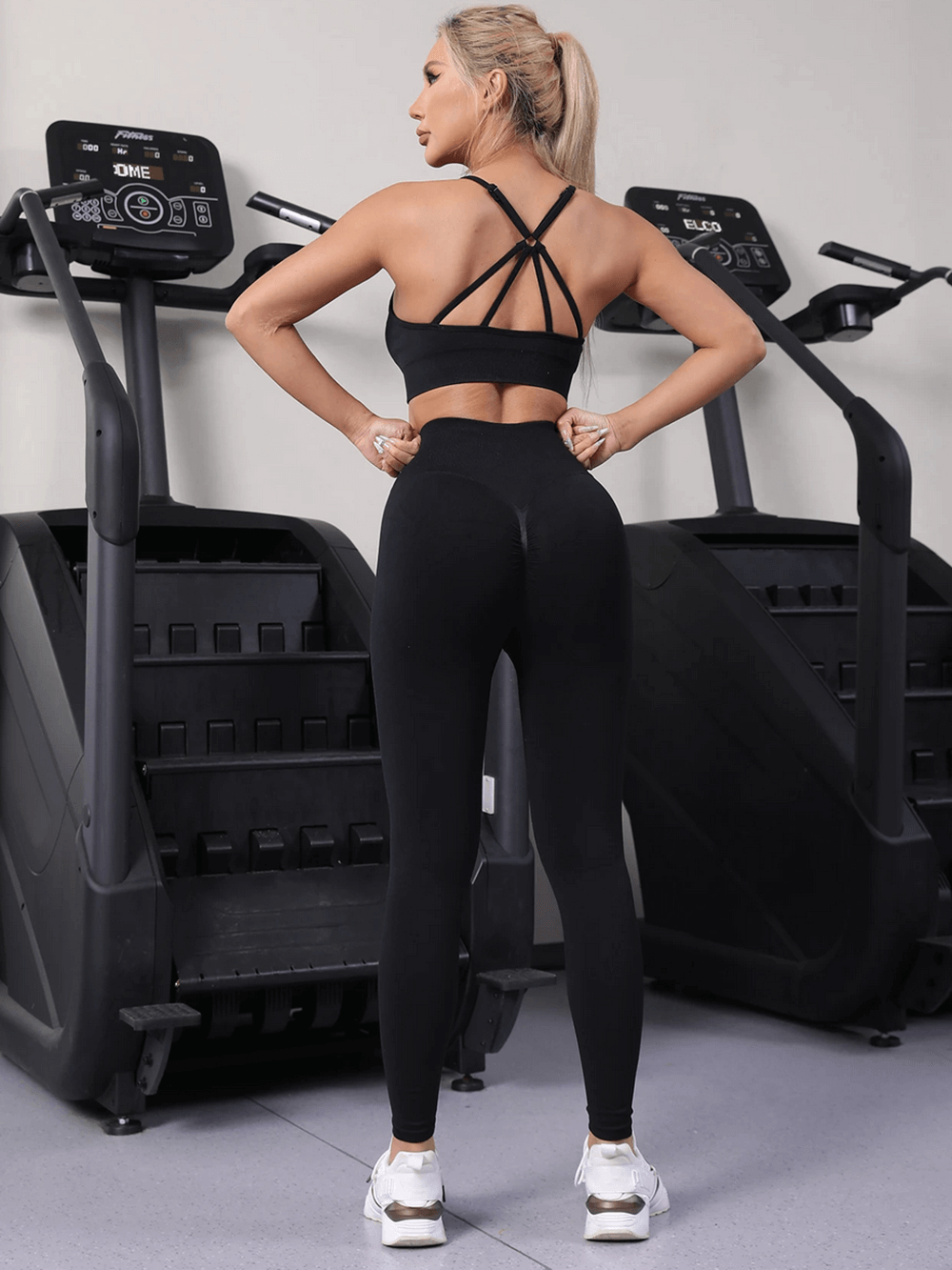 Alt Tag: Women's Strappy Back Yoga Set and Sculpt Leggings - SF4315 black strappy-back sports bra and high-waist leggings, gym ready