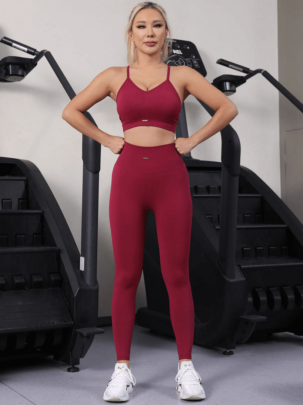 Alt Tag: Women's Strappy Back Yoga Set and Sculpt Leggings - SF4315 shockproof sports bra + high-waist sculpt leggings, seamless gym set