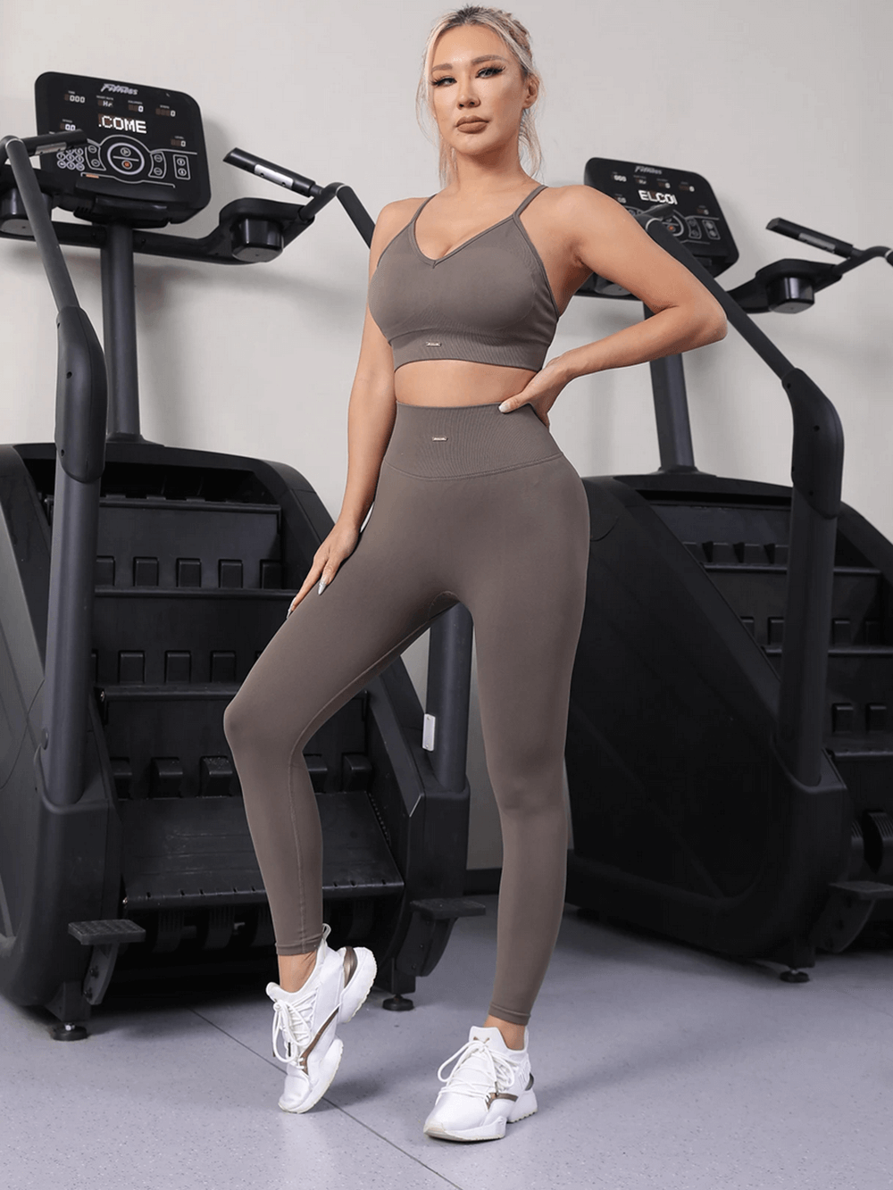 Alt Tag: Women's Strappy Back Yoga Set and Sculpt Leggings - SF4315 shockproof sports bra and high-waist sculpt leggings in gym