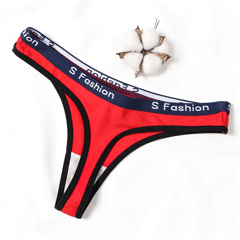 Red stretch cotton thong with black trim and blue elastic waistband, SF Fashion branded, soft and breathable for everyday comfort.