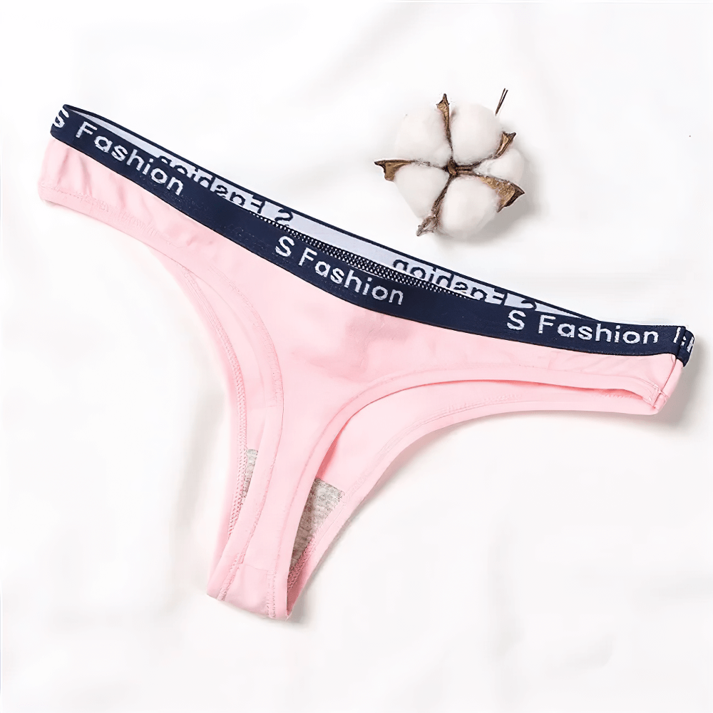 Soft pink stretch cotton thong with stylish elastic waistband, perfect for a comfortable fit and sleek silhouette. SF2527 luxury.