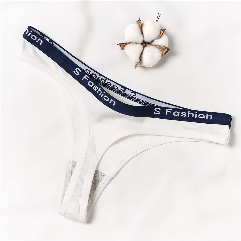 Women's white cotton thong with navy elastic waistband by S Fashion, featuring soft, breathable fabric for comfort and style.