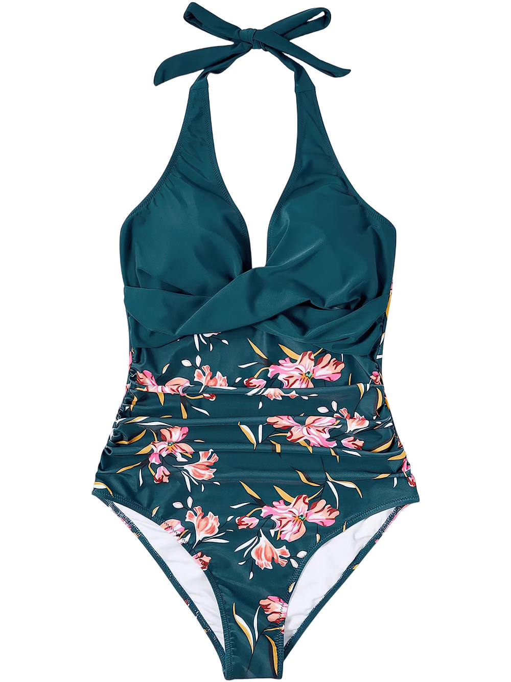 Women's Stylish Cross Front One-Piece Swimwear - SF4552 in floral print with halter neckline and ruched waist.